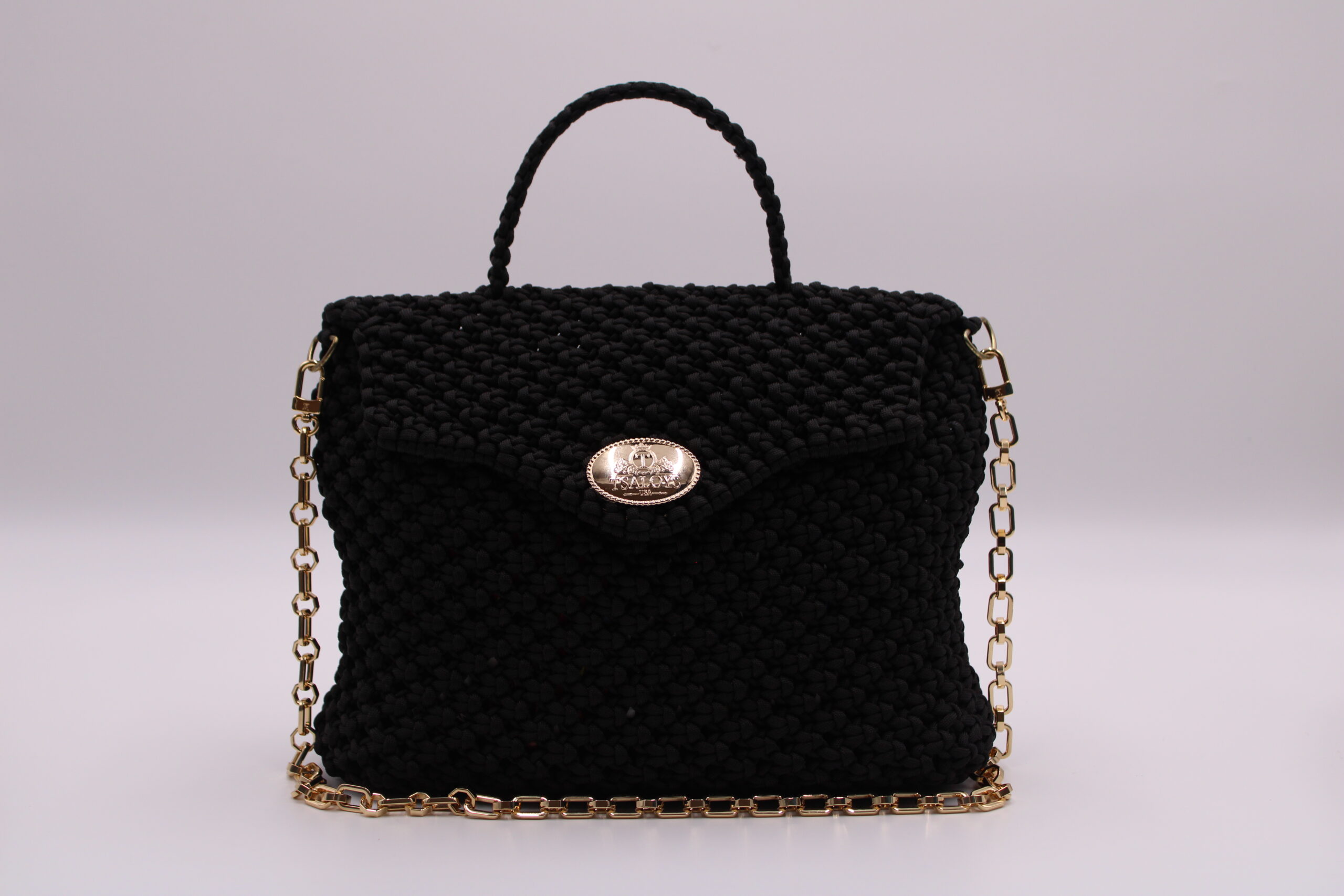 BLACK EBENE BAG 100% HAND-WOVEN WITH THE SMALL INTERNAL BAG AND GOLDEN METAL CHAIN